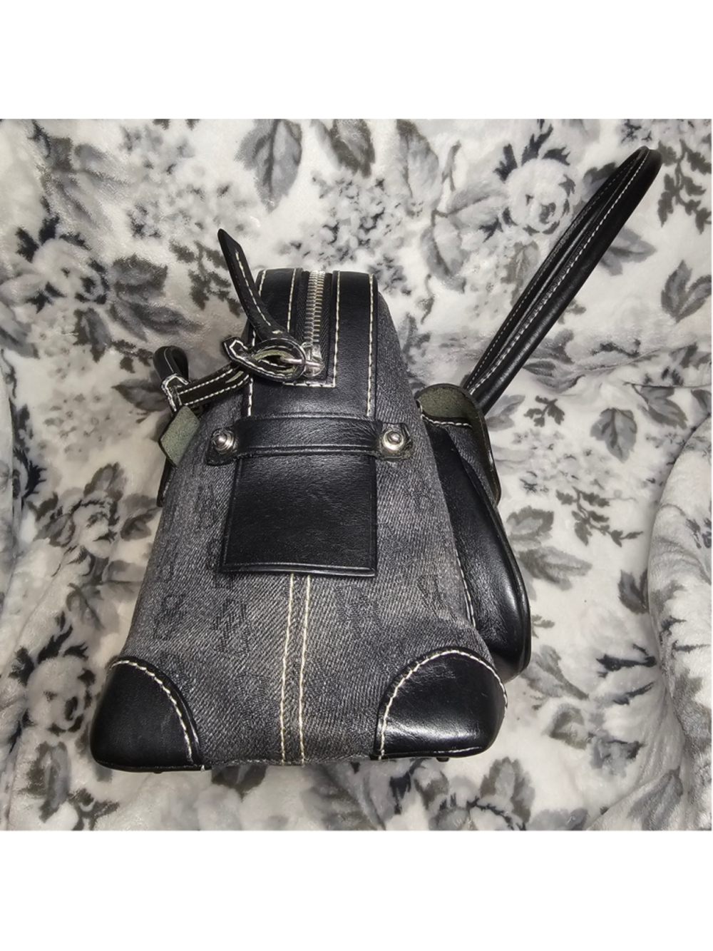 Dooney & Bourke Black Denim Monogram Canvas Leather Trim Shoulder Bag - Picture 8 of 11